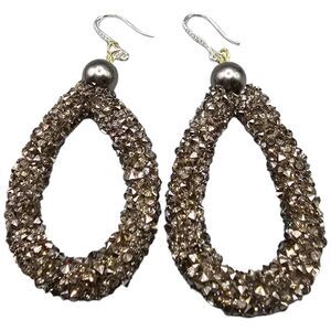 Rock Glittered Teardrop Earrings Pierced Dangle Artisan Style Sparkly Gray Color